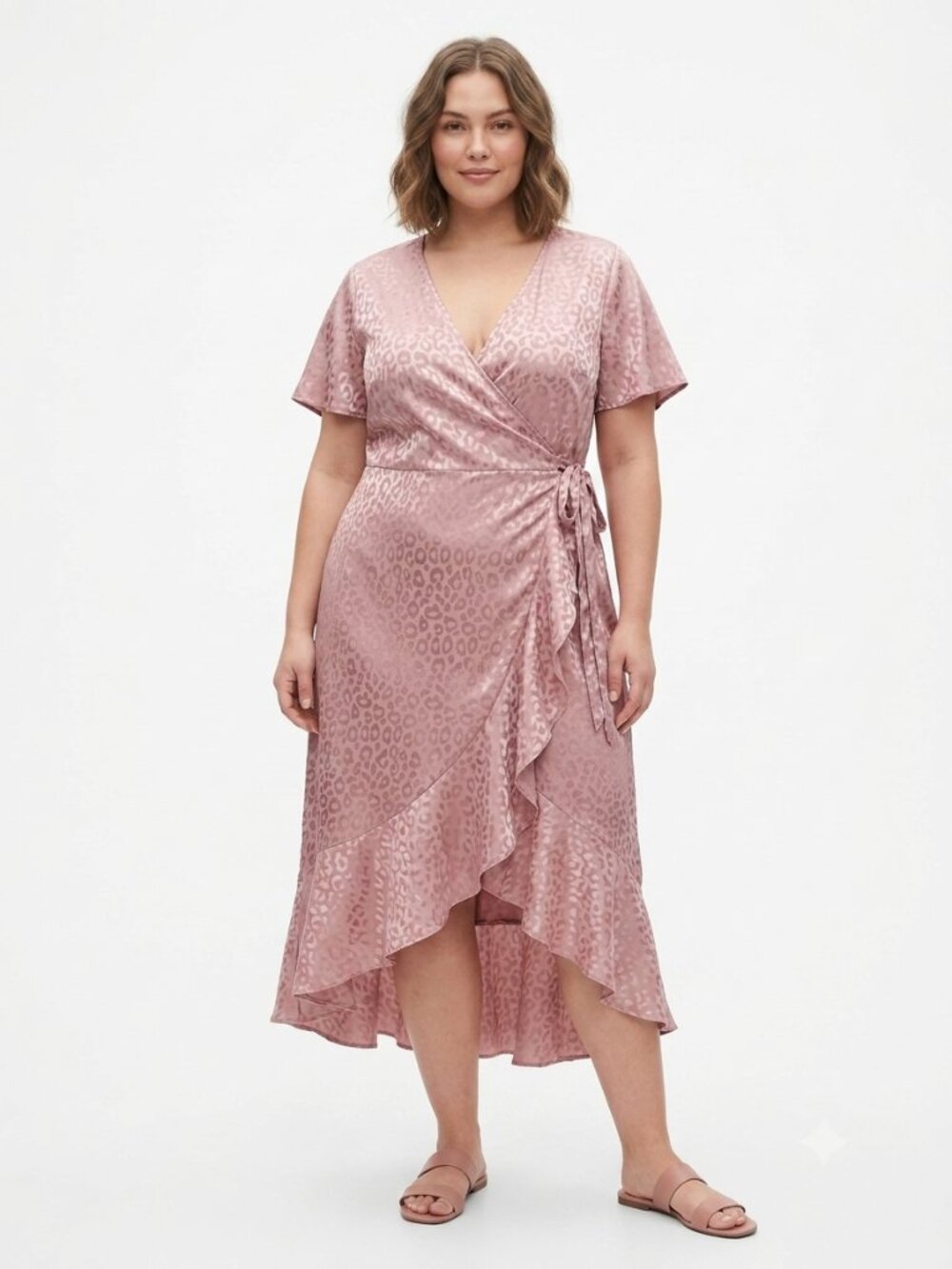 Simplee Plus Dress Pink Leopard Wrap Satin Maxi 3X